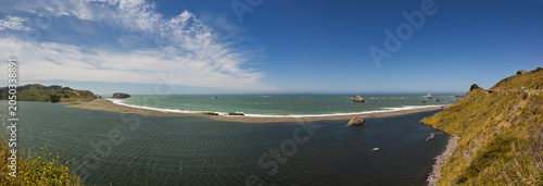 Panoramic view of the Russian River blocked by a sandbar in Jenner