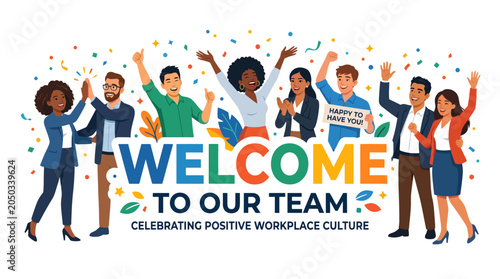 Diverse team celebrates new member with confetti and welcome message in office