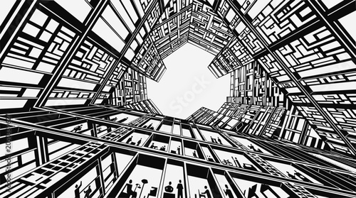 Futuristic architecture in a geometric city showing an urban perspective through a monochrome illustration of a modern office building with people.