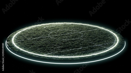 Medium shot of a glowing 3D soccer midfield circle with textured turf and bright white boundary lines softly illuminated by neon rim light against a transparent background.