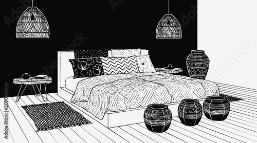Modern Minimalist Bedroom Interior Illustration featuring Bohemian decor with patterned bedding and ethnic furniture in black and white hand-drawn art