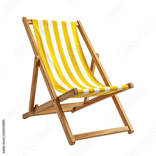 A vibrant yellow and white striped classic wooden foldable deck chair, ideal for summer relaxation, beach holidays, and tranquil outdoor leisure, evoking sunny days and leisurely moments  