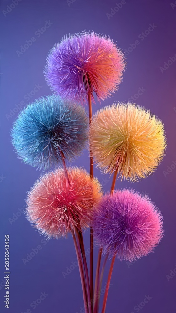 Fototapeta premium Vibrant Rainbow Dandelions in Gradient Background