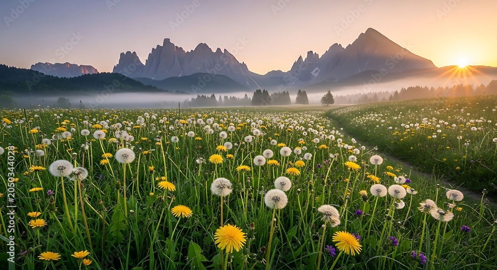 Fototapeta premium Sunset over a serene lake with blooming daffodils.