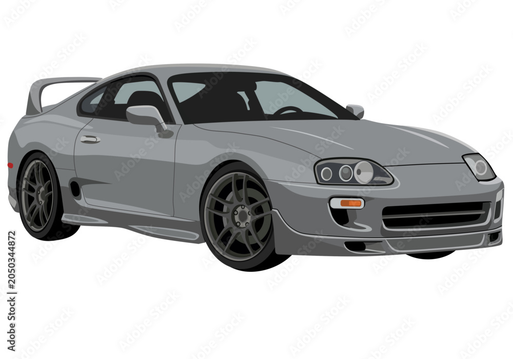 Fototapeta premium Grey JDM sport car isolated on white background, vector illustration of a modern coupe vehicle