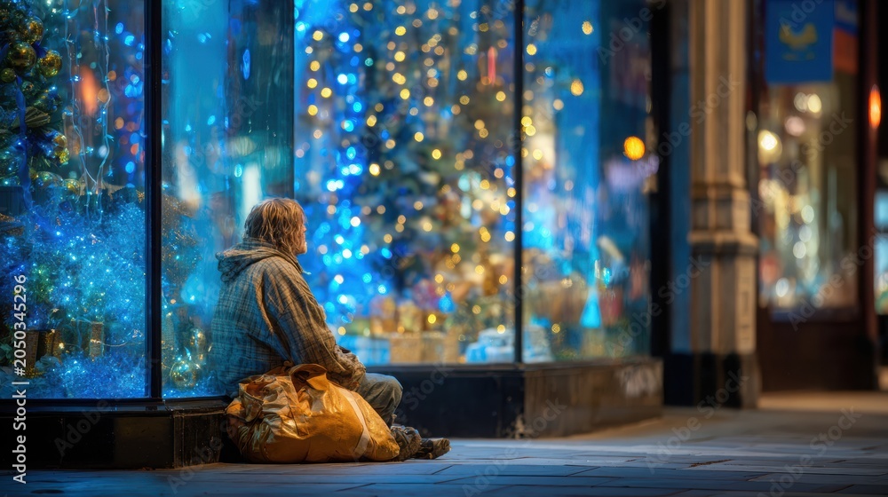 Fototapeta premium Homeless veteran sitting beside a glowing Christmas shop window, reflections on glass, cold cinematic blue tones contrasted with warm festive highlights, capturing a poignant moment of solitude