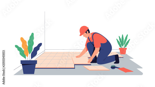 Professional Tiler Installing Floor Tiles in Modern House Interior Vector Illustration
