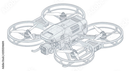Bild auf Leinwand Technical CAD blueprint illustration of a compact quadcopter drone featuring a s