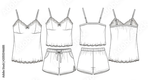 Tableau sur toile Fashion CAD technical drawing of a lace trim camisole and sleepwear shorts set f