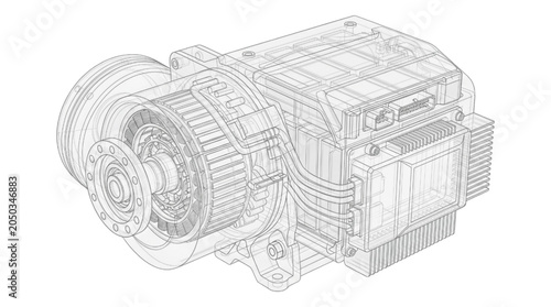 Fotografie Detailed CAD wireframe illustration of an industrial electric motor and gearbox