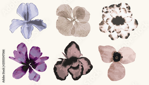 Vector floral textured prints, minimalist Japanese style flowers for pattern, tattoo, or background design