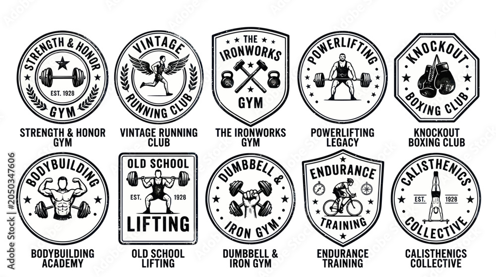 Fototapeta premium Old School Gym and Athletic Fitness Club Badge Vector Set