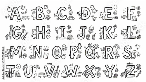 Educational alphabet coloring page for kids with cute doodle illustrations and objects - drawing