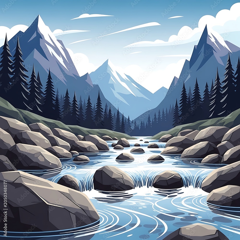 Fototapeta premium Serene Mountain River Flowing Through Pine Forest Valley.