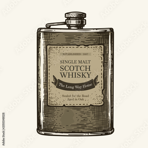 Hand-drawn style metal hip flask with vintage whisky label. Engraving sketch art, retro design. Perfect for Father's Day, gift, bar and whisky themed projects. Vector Illustration