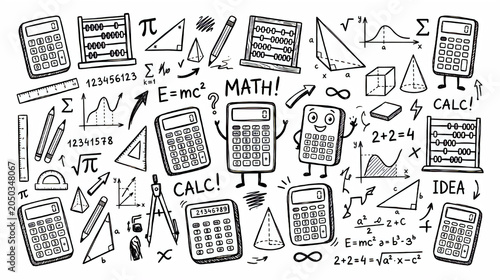 Hand drawn math and geometry doodle set with calculators and formulas - drawing