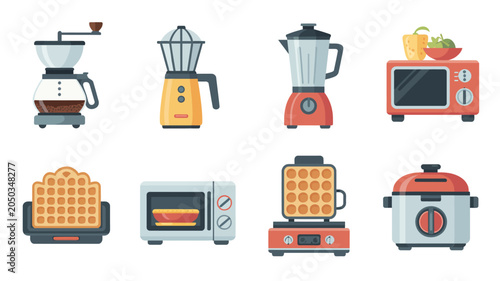Colorful kitchen appliances and waffle illustration.