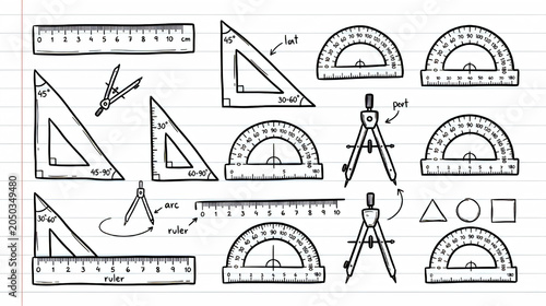 Hand-drawn geometry school stationery set with rulers protractors and compasses on lined paper background