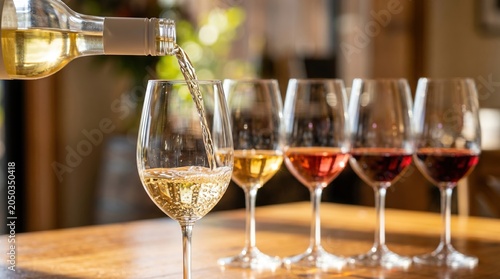 A person pours white wine from a bottle into a clear glass. In the background, glasses contain red and rose wines. Sunlight shines through the windows, creating a warm atmosphere