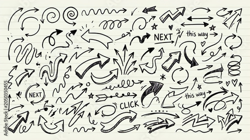 Hand-drawn arrows collection on lined paper, doodle sketch pointers set with various direction signs