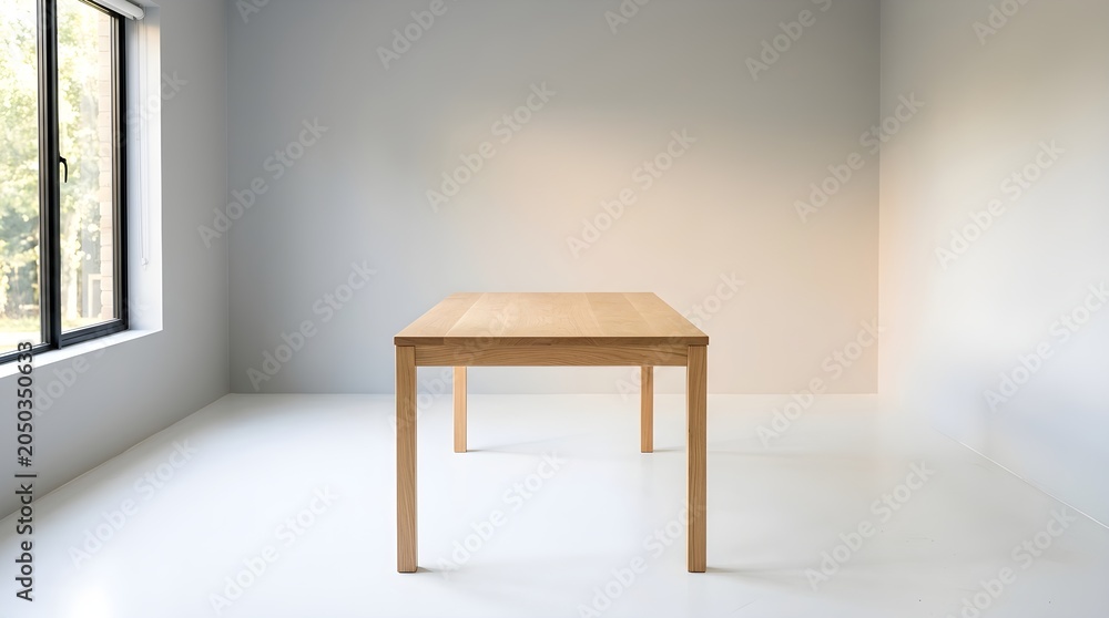 Fototapeta premium Bright empty room with a single wooden table by a large window and soft natural light.