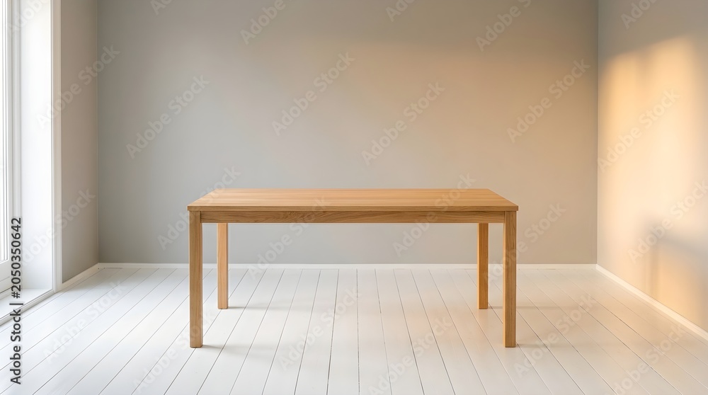 Fototapeta premium Bright minimal wooden table stands alone in a sunlit room with clean modern lines.