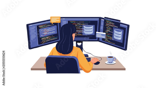 Female Software Developer Working on Multiple Monitors with Code and Database Illustration