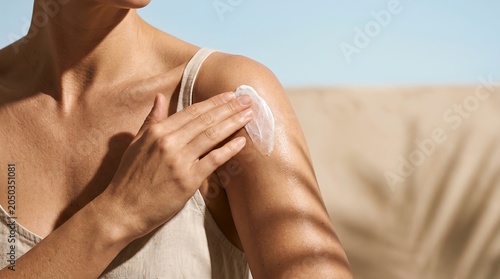 Sunscreen lotion application on shoulder skincare background