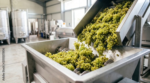 Green grapes are being processed in a winery. The grapes flow from a machine into a collection bin. Stainless steel equipment surrounds the area. The light shines through the large windows