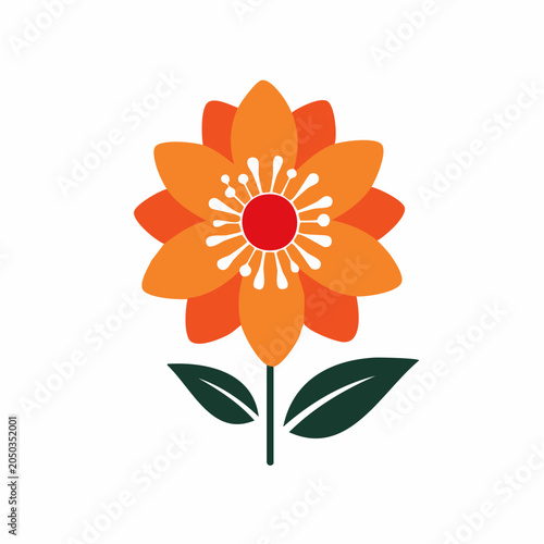 Stylized Orange Flower with Red Center and Green Leaves