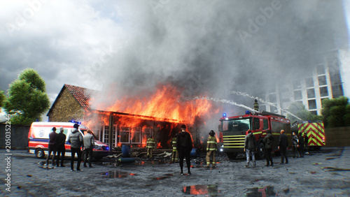 Konstfotografi Firefighters Extinguishing Burning House with Fire Truck