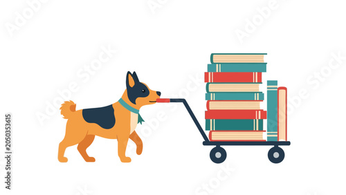 Fotografie Dog pulling a hand truck loaded high with stacked books