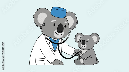 Photography Koala doctor using a stethoscope on a sad small koala patient