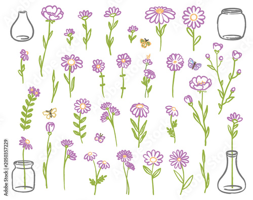 illustration Doodle charcoal hand drawn of a    flowers and plants isolated on white background