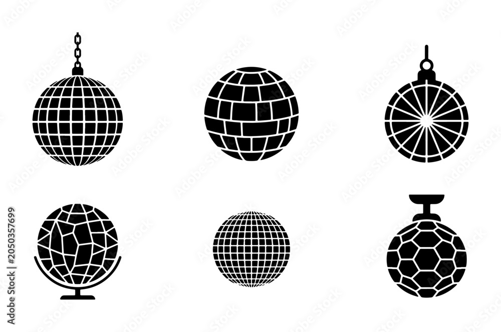 Obraz premium Disco Ball Icons Set, Retro Party Spheres, Vintage Celebration Orbs, Vector Graphics