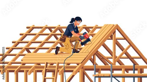Female Carpenter Building Wooden Roof Frame with Nail Gun - House Construction and Renovation Vector Illustration of Professional Woman Roofer Working on Home Site