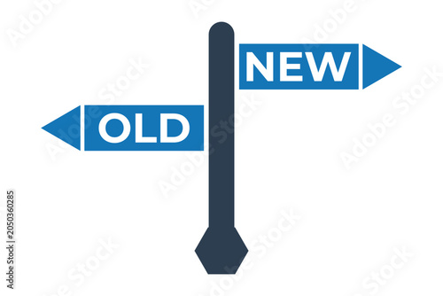 Directional signpost with old and new directions indicating choice and future path against white background