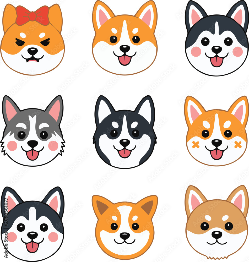 Fototapeta premium dog emoji faces set breed expressions vector art