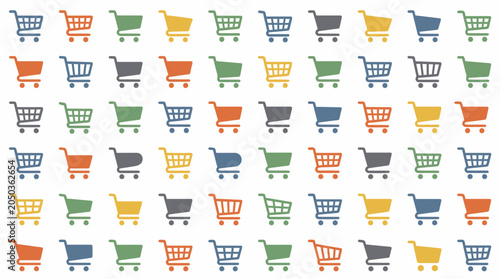 Colorful seamless pattern of shopping cart icons in a repeating grid.