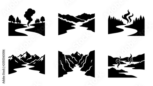Tableau sur toile River Landscape Icons, Nature Scenery Silhouettes, Mountain & Forest Scenes, Vec