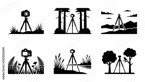 Fotografie Photography Tripod Icons, Camera Support Silhouettes, Outdoor Scene Vector Graph