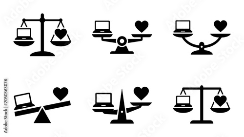 Tableau sur toile Balance Scales Icons, Laptop Heart Weighing, Digital Life vs Love, Vector Set