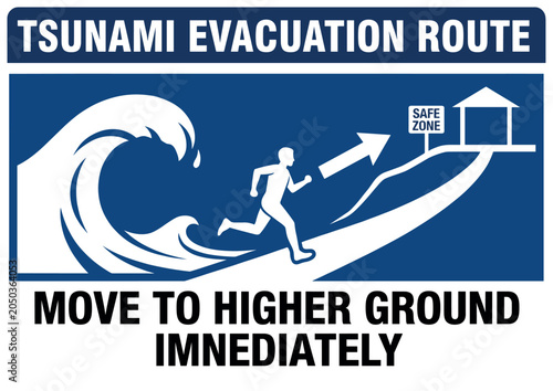 Tsunami Evacuation Route Sign Move to Higher Ground Immediately Safety Warning vector illustration