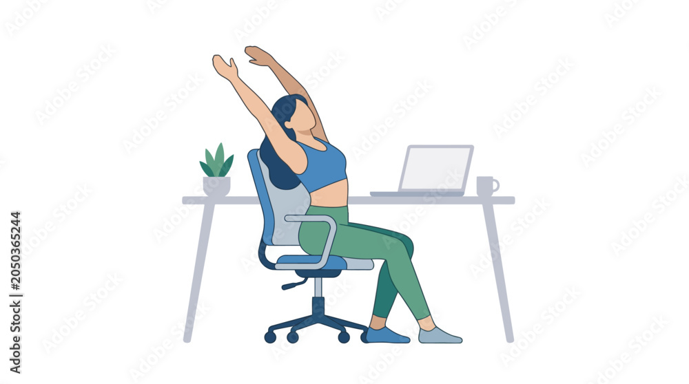 Fototapeta premium Vector illustration of a woman stretching her arms while sitting at her office desk with laptop. EPS Editable