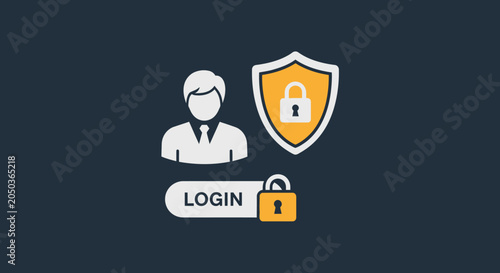 User login illustration with person icon, padlock, and shield, symbolizing secure account authentication on a dark background.