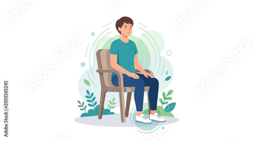 Vector illustration of a young man sitting on a chair practicing mindfulness meditation and deep breathing exercises. EPS Editable