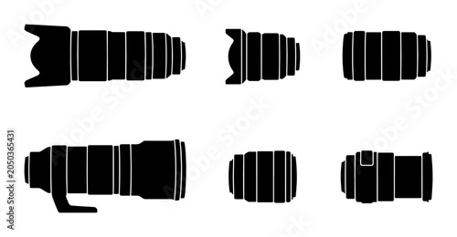 Foto Camera Lens Silhouettes: Photography Equipment Icons, Professional Optics Set, D