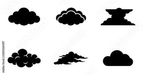 Foto Set of 6 Black Cloud Icons, Weather Symbols, Sky Elements, Cumulus, Nimbus, Stra