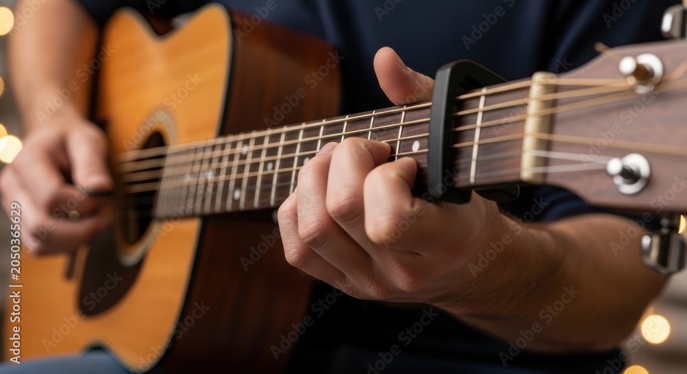 Fototapeta premium Close-up of hands playing acoustic guitar with warm bokeh background