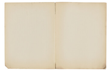 Vintage open book isolate on transparent background (png image). Antique yellowed book blank pages template with realistic aged patina and dirt. High-quality double page layout mockup.